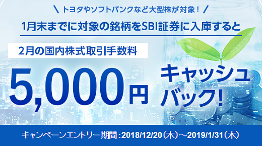 SBI証券で入庫キャンペーン。2月の手数料が5,000円キャッシュバック